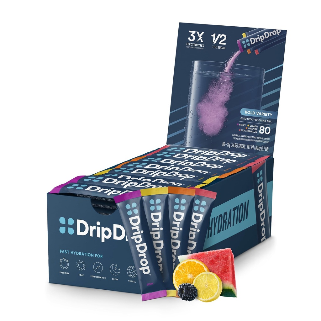 DripDrop Hydration Packets - Bold Variety Pack - Single Serve Electrolytes Powder Drink Mix - Watermelon, Berry, Lemon, Orange - Non OGM, Gluten Free, Vegan - 80 Sticks