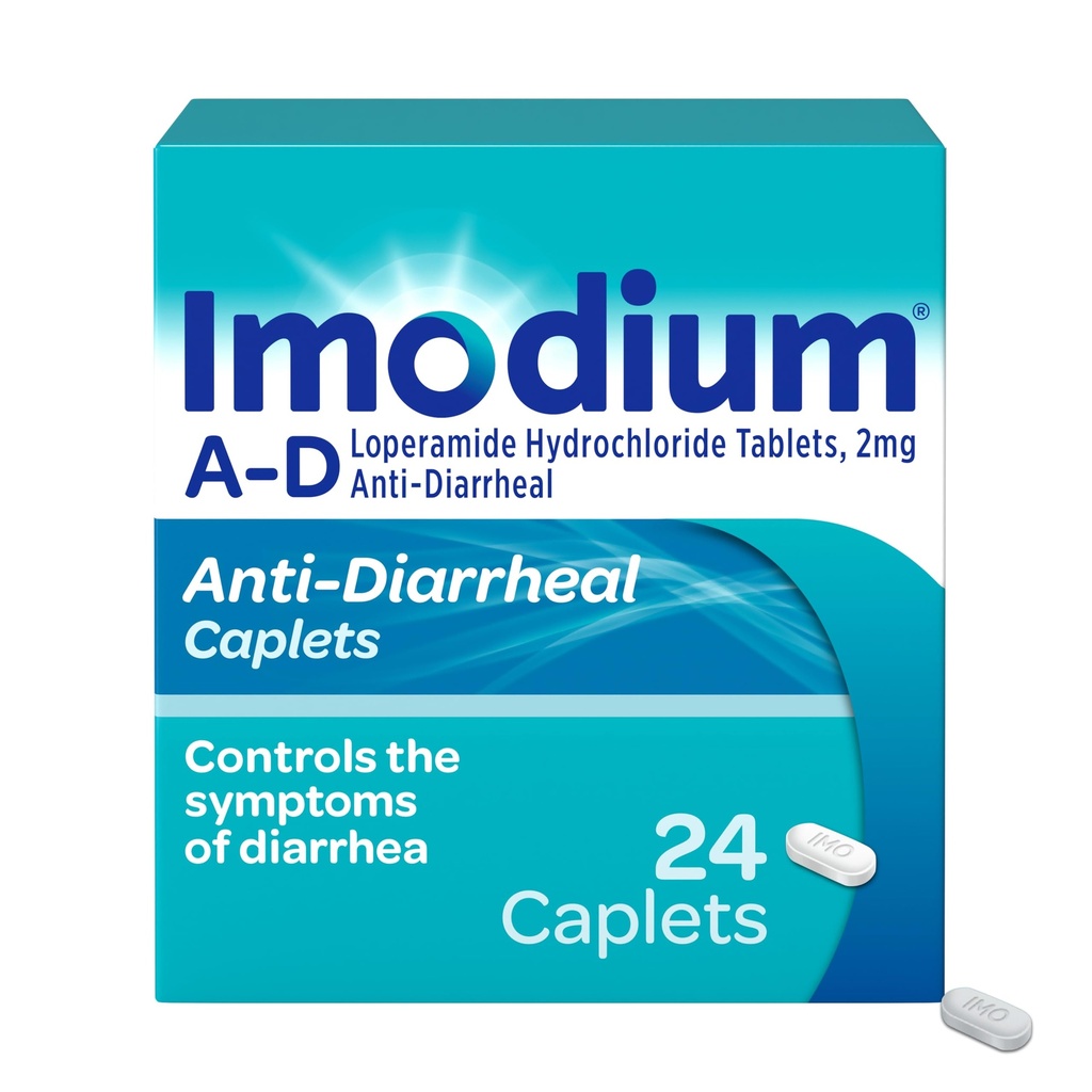Imodium A-D Diarrhea Relief Caplets con Loperamide HCl, Anti-Diarrheal Medicine per aiutare i sintomi di controllo della diarrea a causa di acuto, Diarrea del viaggiatore, HSA/FSA eleggibile, 24 ct