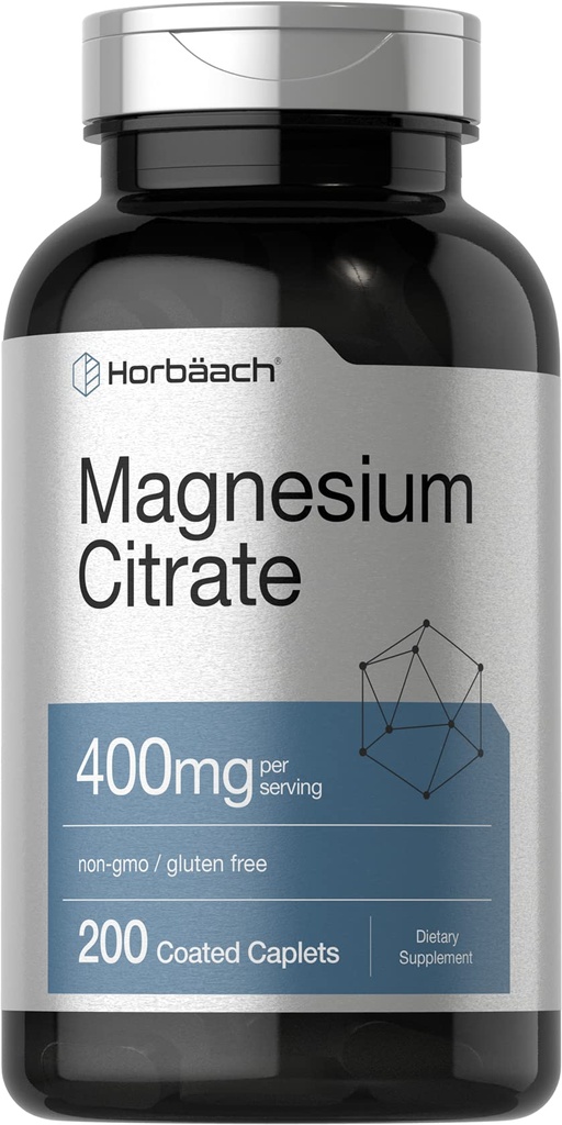 Horbäach Magnesium Citrate | 400mg | 200 Caplets | Vegetariano, Non OGM e Gluten
