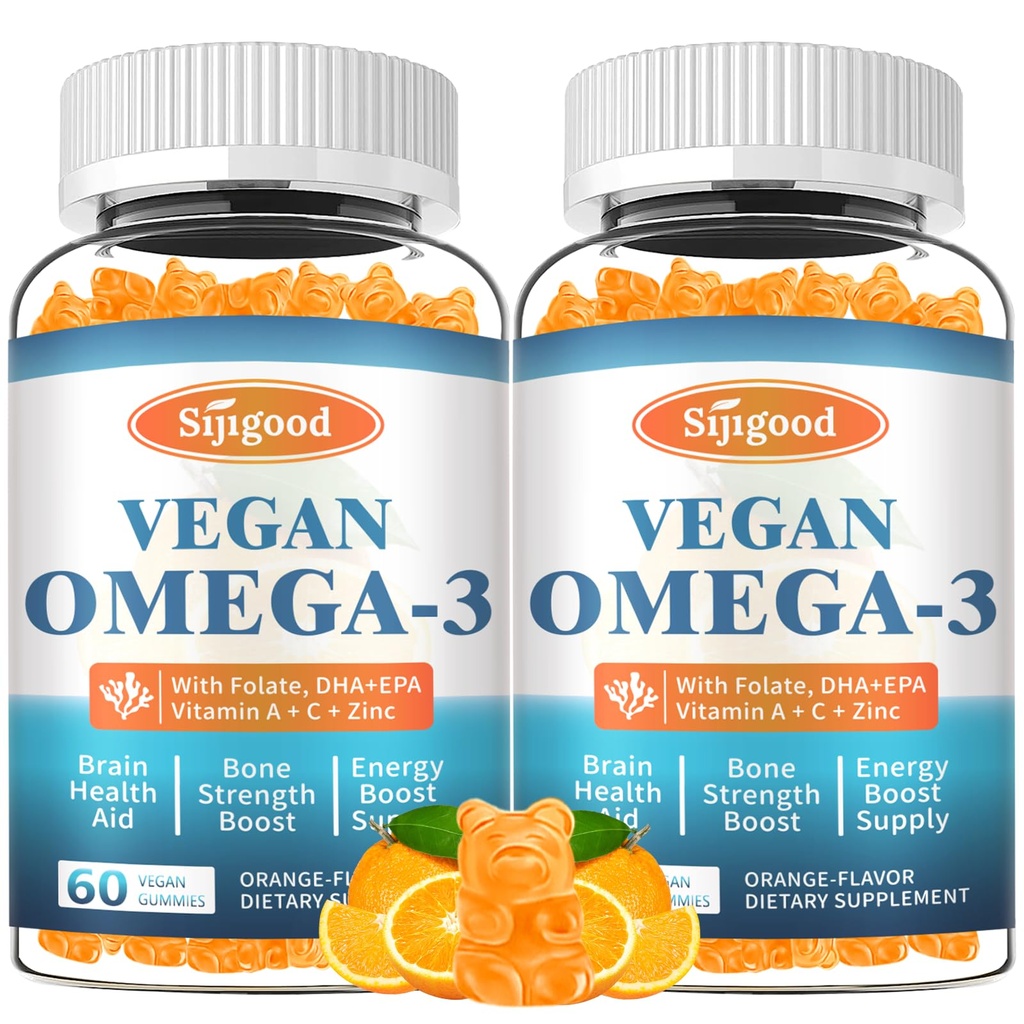 2 Pack Omega-3 Gummies Potente Algae Omega Source, Boost cervello, occhio e funzione immunitaria, con DHA e EPA Vegan & Sugar Free, Arancione Flavor, 120 Conte