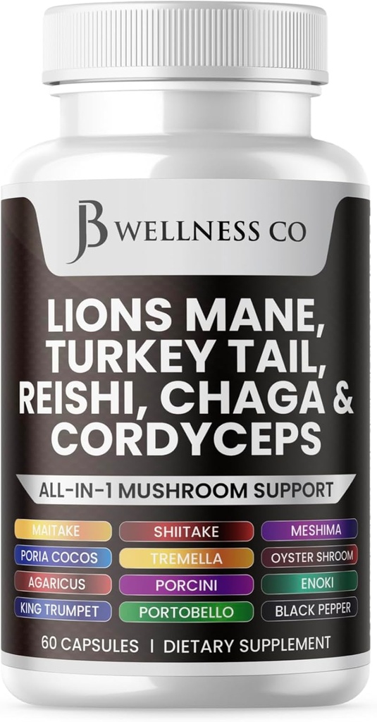 Supporto cognitivo del supplemento di Lions Mane, Salute immunitaria con Turchia Tail 20in1 Mushroom Reishi Cordyceps Chaga con Marshmallow Root 60 Conte