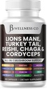 Supporto cognitivo del supplemento di Lions Mane, Salute immunitaria con Turchia Tail 20in1 Mushroom Reishi Cordyceps Chaga con Marshmallow Root 60 Conte