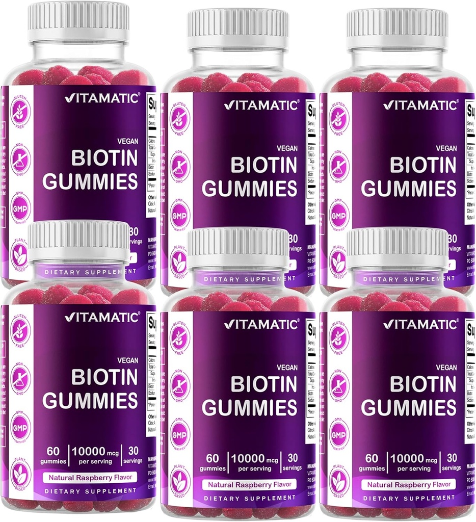 Vitamatic Biotin Gummies 10.000 mcg per capelli più forti, pelle e unghie - 60 Vegan Gummies - Chiamata anche vitamina B7 (6 bottiglie)
