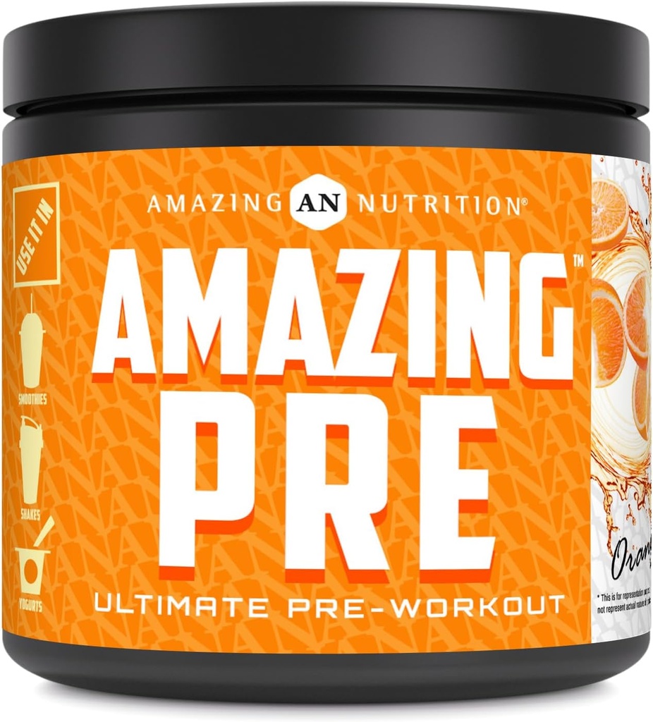 Amazing Nutrition Amazing PRE | Ultimate Pre-Workout Supplement | 30 Servings Powder | 2.5 Grams BCAA Per Serving (30 Serve, Arancio Naturale)