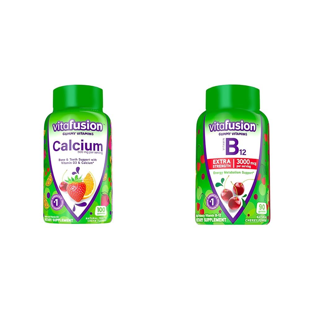 Vitafusion Chewable Calcium Gummy Vitamine per Bone e Teeth Support & Extra Strength Vitamina B12 Gummy Vitamine per il supporto Metabolismo Energetico e Supporto per la salute del sistema nervoso