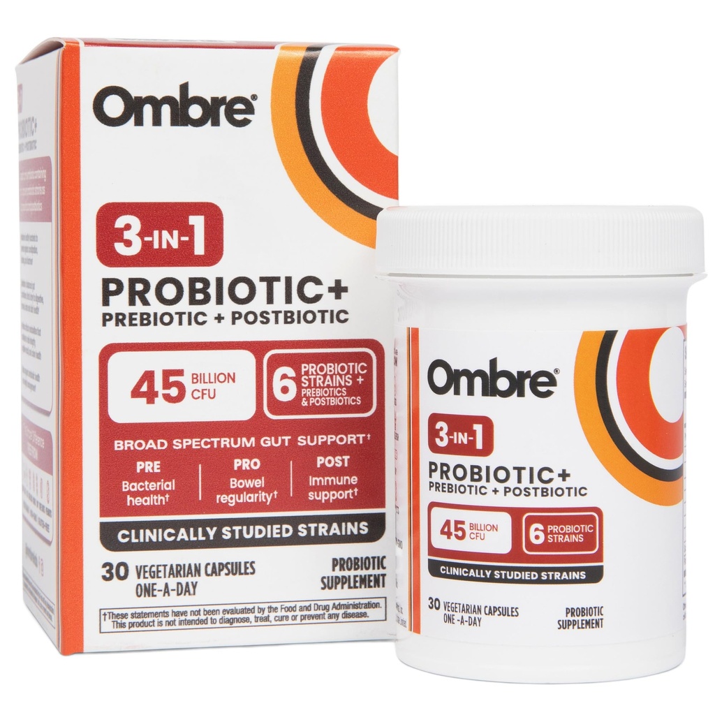 Ombre 3-in-1 Probiotico, Prebiotico e Postbiotico per la Salute Digestiva & Salute Gut - 45 miliardi di CFU - Bloating, costipazione & Rilievo Gas - Supporto Metabolico & Immune per donne & uomini, 30 giorni di alimentazione