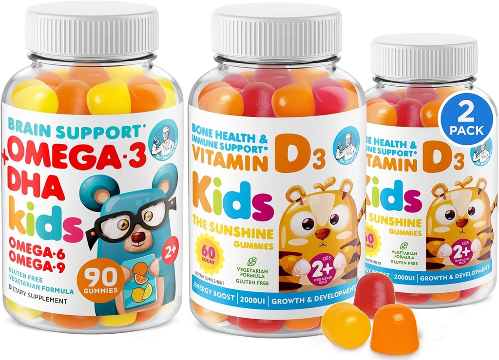 Omega 3 DHA Gummies e Vitamina D Gummies per bambini e adulti - No Fish Oil e Gluten Free Immune Health Plant Based Fiber Chewable