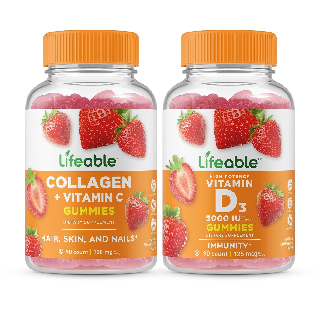 Collage vitale & Vitamina C + Vitamina D 5000 IU, Gummies Bundle - Grande degustazione, Integratore di vitamina, Senza glutine, OGM libero, Gomma masticabile