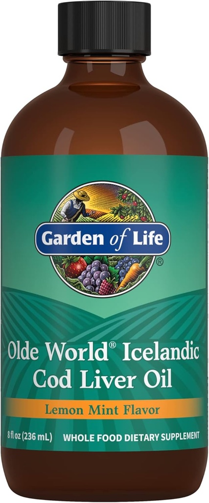 Garden of Life Olde World Islandic Cod Liver Oil Liquid - Lemon Mint Flavor - 1.000mg Omega 3 Fish Oil, acidi grassi, EPA, DHA, Vitamina D & A, CLO Supplements for Hearth Health, 47 Servings