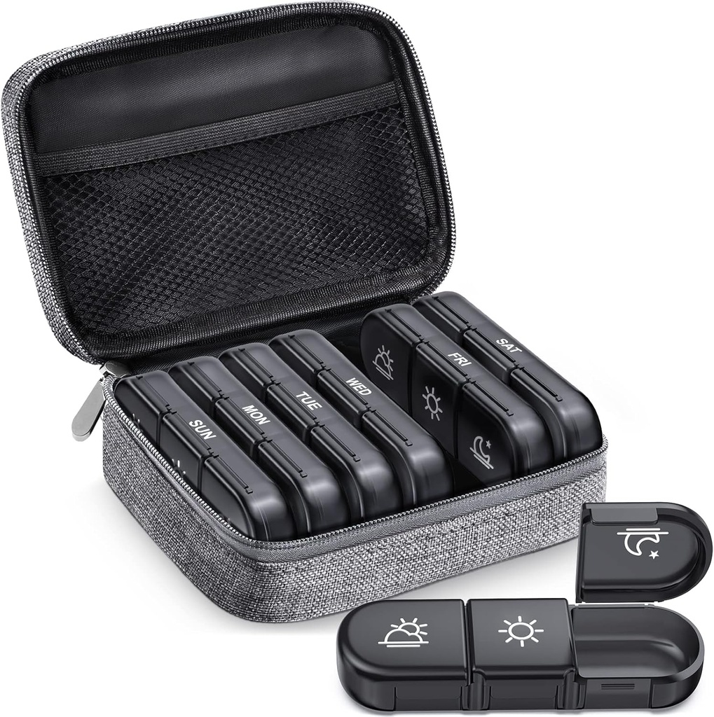 ZIKEE Large Weekly Pill Case Organizer 3 volte al giorno, Portable Light Proof Canvas Bag Pill Box 7 giorno per proteggere la vostra privacy e negozio farmaci, vitamina, Fish Oil, supplemento (Grey)
