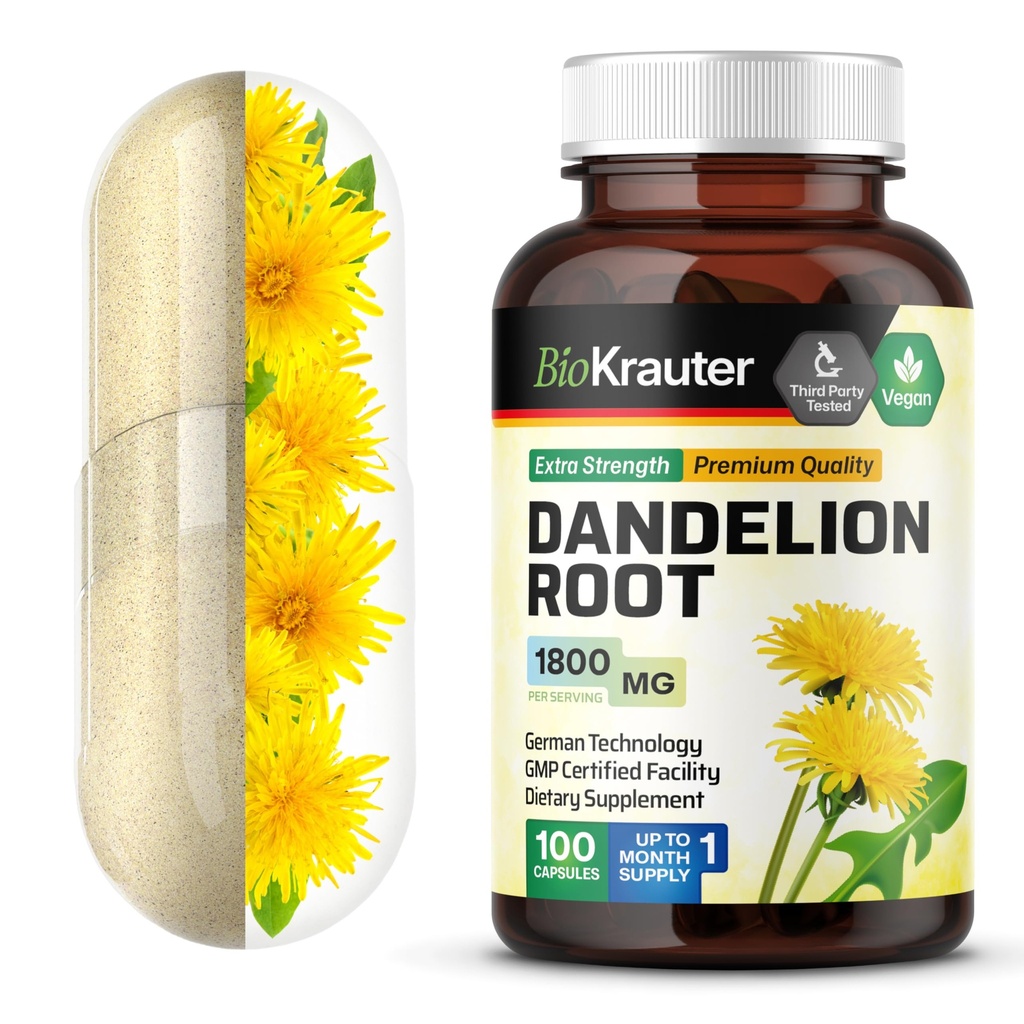 BIO KRAUTER Dandelion Root Capsule - 1800 mg di resistenza - 100 Count - Dandelion Root Supplement - Vegan Capsule per il supporto al fegato