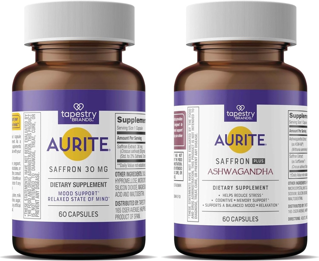 Saffron Ashwagandha & Saffron Supplement Bundle | Gestione dello stress, Supporto per l'umore, Memoria a lungo termine. Per vegetariani, non OGM, senza glutine, senza soia