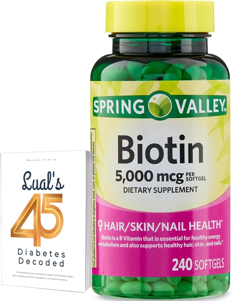 Spring Valley Biotin 5000 mcg 240 Count, Integratore alimentare per Chiodi per Capelli, Vitamine per Capelli per Perdita di Capelli per Donne Bundle con 45 Diabeti Lual decodificato