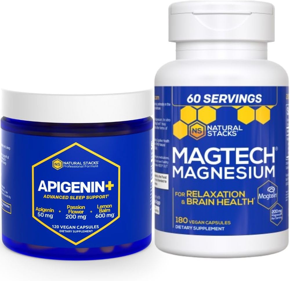 NATURAL STACKS Apigenin per il sonno + Magtech Integratore Magnesio Bundle - Supporta sonno e salute del cervello* - 300 Capsule Totali