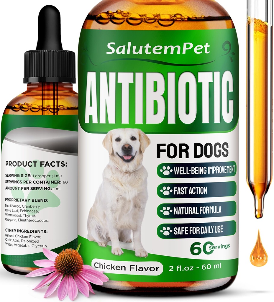 Antibiotici naturali per cani | Antibiotici per cani per infezione, tosse, & Allergies | Antibiotici per il trattamento di cani UTI per tutte le razze | Supplemento di erbe con aroma di pollo | 2 Oz