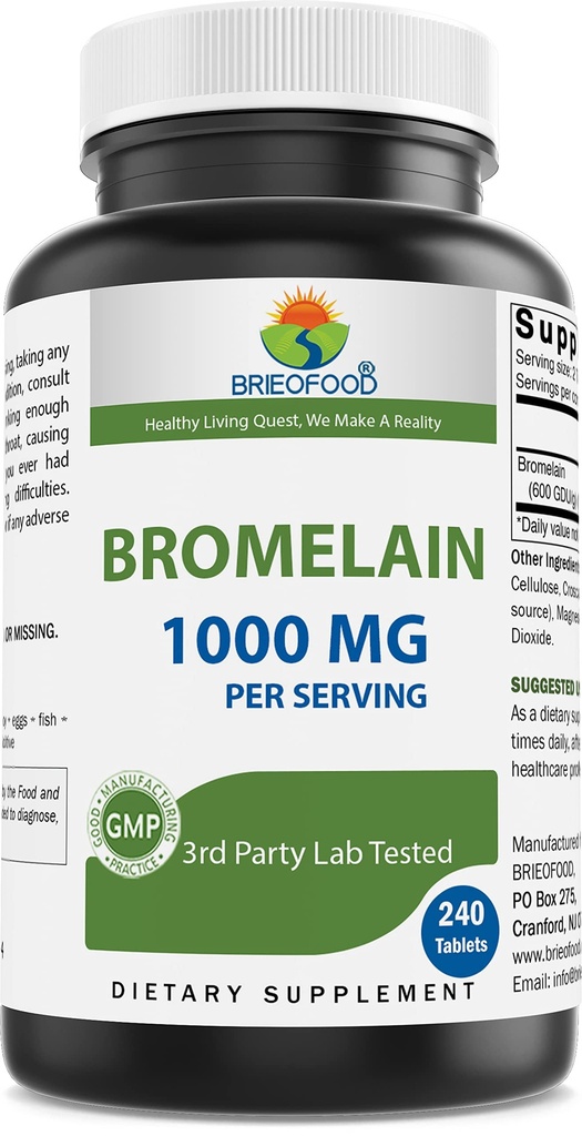 Brieofood Bromelain 1000mg per Serving 240 compresse - Proteolytic Digestive Enzyme - Supporta la digestione sana, Salute comune, Assorbimento Nutriente