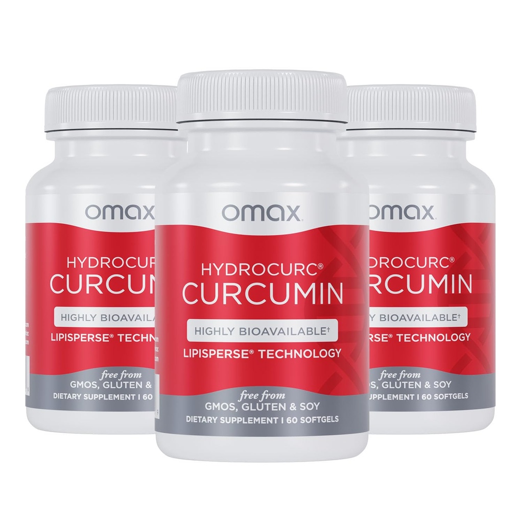 Omax3 HydroCurc curcuma curcuma Softgels, Nanoparticella di olio MCT altamente biodisponibile per potenza e assorbimento, salute comune, 180 Softgels (3 pacchetto)