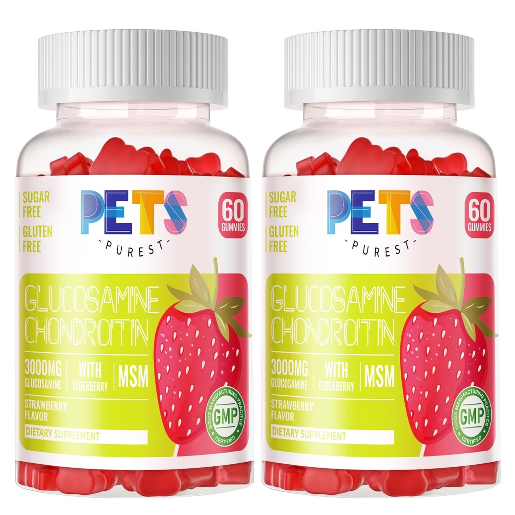 Animali Puri Glucosamina Condroitin Gummies con MSM & Elderberry Extra Strength - Supporto congiunto, Antiossidante Integratore di Supporto Immune per Adulti, Uomini & Donne.(2 Pack) Fragola