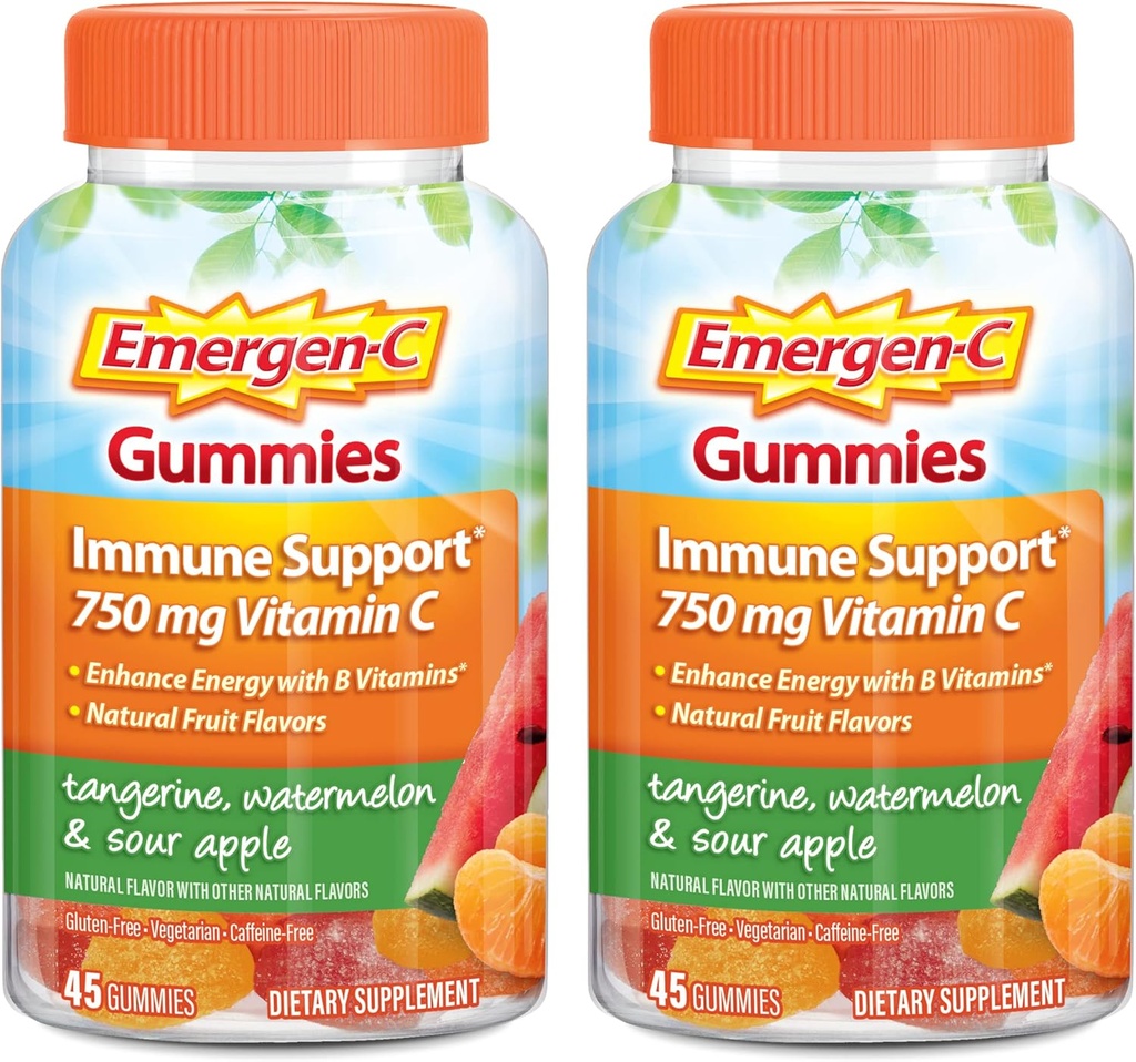Emergen-C Vitamin C Gummies, Supplemento dietetico per il supporto immunitario, Tangerine, Watermelon e Sour Apple Flavor - 45 Conte x 2 (Pack of 2)