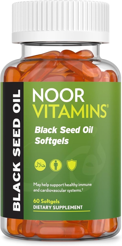 Noor Vitamins Halal Black Seed Oil Capsule, Vitamine Halal, 1000 mg Olio Seme Nero da Nigella Sativa, Thymoquinone, Non OGM, Gluten Free, 60 Conte