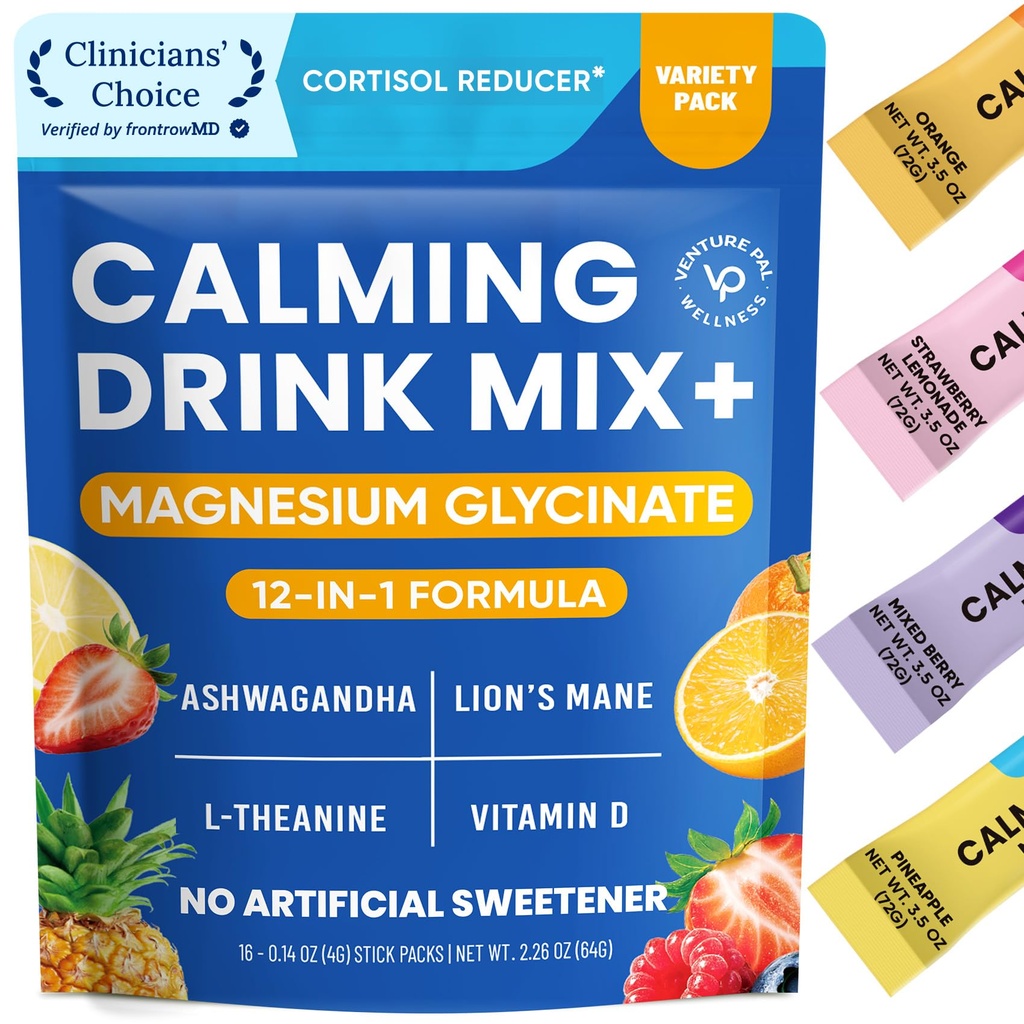 Miscela di bevanda in polvere calmante del pallet, glicinato di magnesio, Ashwagandha, L-teanina, vitamina D, mane di leoni, miscela di supplemento di magnesio libero di zucchero per il relax e la messa a fuoco, non OGM, Vegan, sulla via