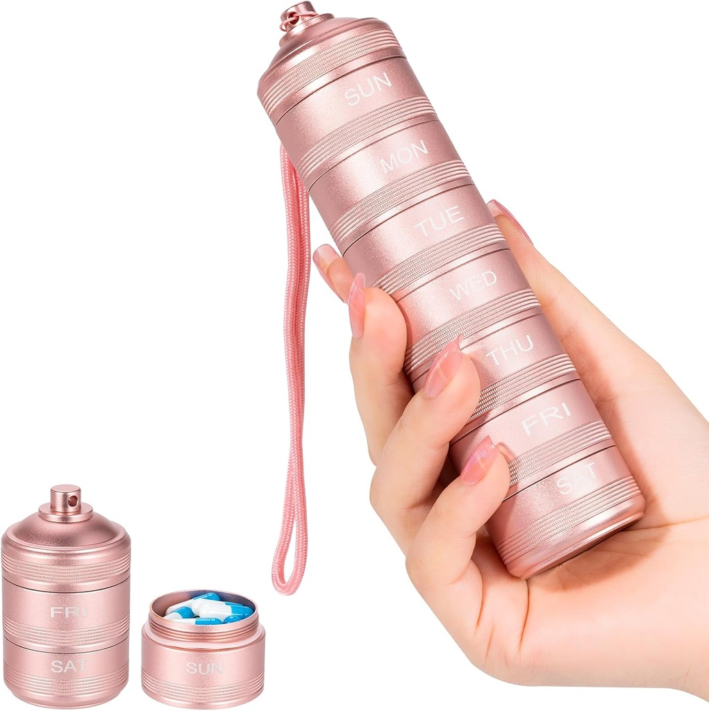 Organizzatore di pillole in metallo di 7 giorni - scatola impermeabile della pillola della vitamina di viaggio, scomparti giornalieri del contenitore di pedaggio 7, contenitori settimanali della pedana per i supplementi di medicina olio di pesce, rosa