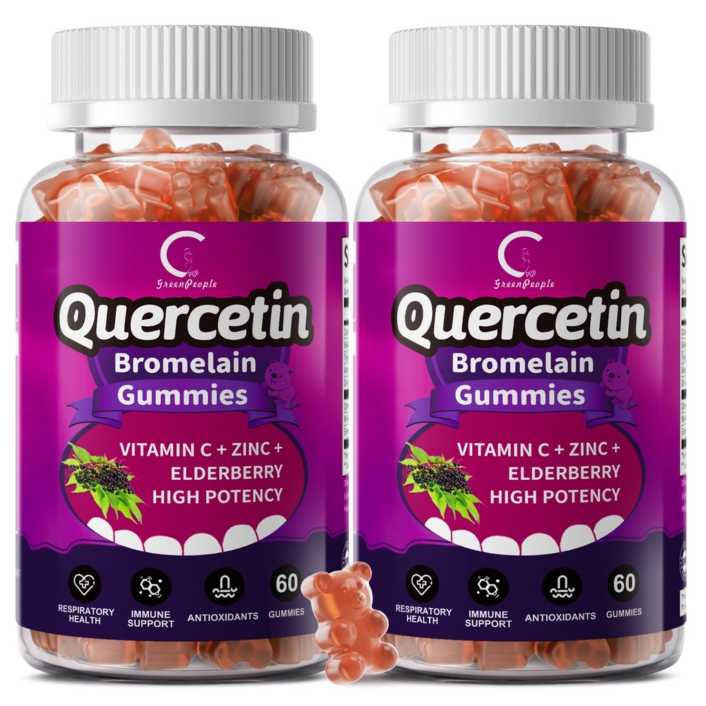 Quercetin Gummies - Quercetin con Bromelain, Vitamina C, Zinc & Elderberry, Booster del sistema immunitario ad alta resistenza, Integratore di supporto polmonare per adulti Bambini - 60 Gummie di Quercetina (2 Confezione)