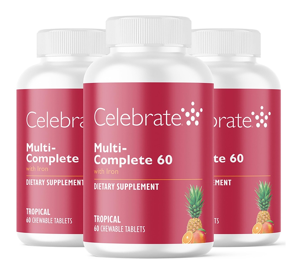 Celebrare Vitamine Multi-Complete Chewables, 60mg Iron – Multivitamin Bariatrico giornaliero per Manica Gastrectomy & Gastric Bypass Surgery Pazienti – Vitamine essenziali & Minerali - Tropicali (180 compresse)
