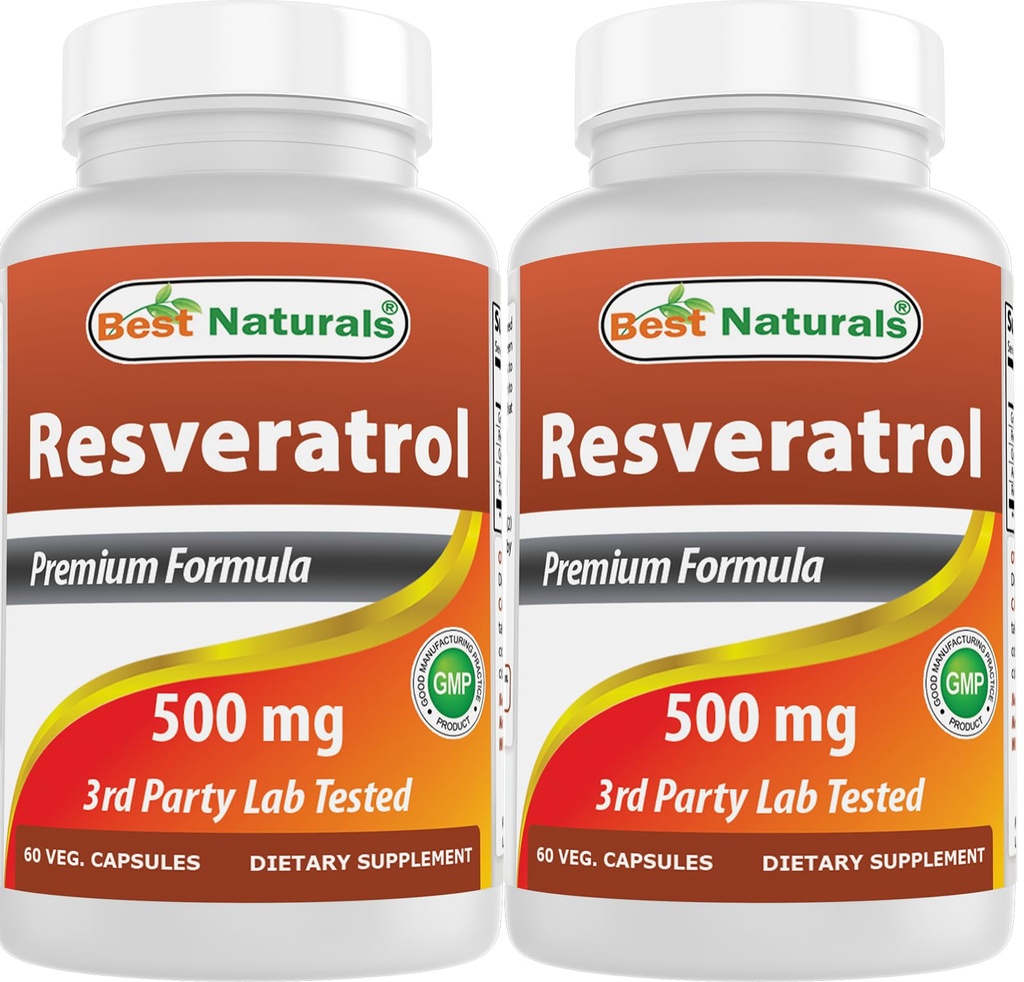 Best Naturals 2 Packs Resveratrol Complex 500 mg 60 Veg Capsule realizzati con pelle di uva, Vino rosso, Quercetina - Gluten Free & Non OGM - (Totale 120 Capsule)