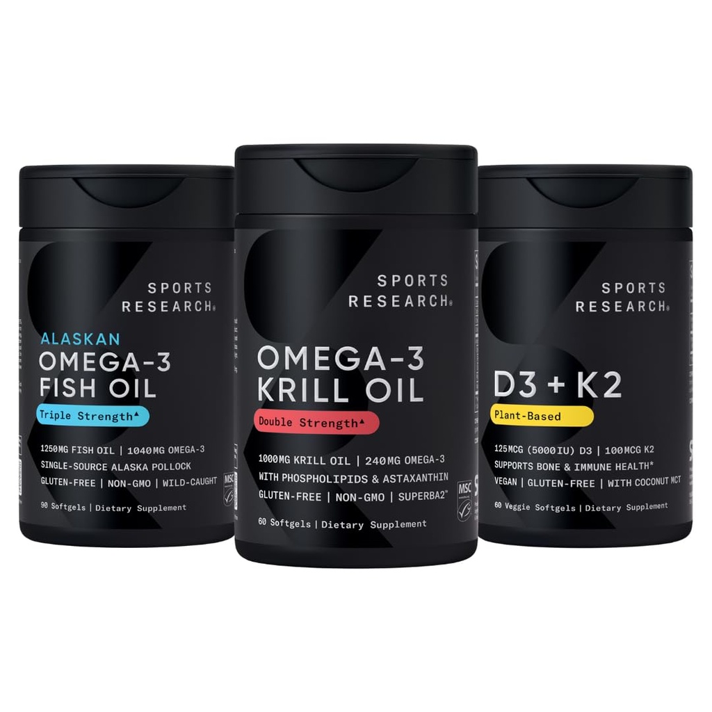 Ricerca sportiva Antartico Krill olio Omega 3 1000mg (forza doppia) con Phospholipids, Choline & Astaxanthin, Triple Strength Omega 3 Fish Oil Single-Source Wild Alaska Pollock 1250mg, Vitamina D3 K2