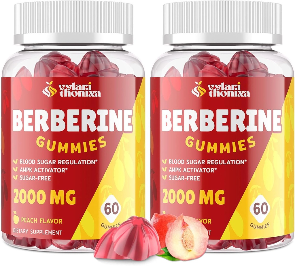 2000mg Berberina Supplemento Gummies - Berberina ad alta potenza con cannella di Ceylon, curcuma, magnesio, cromo - senza zucchero, vegano, non OGM, senza glutine - Peach Flavor 60 Gummies - 2 Pack