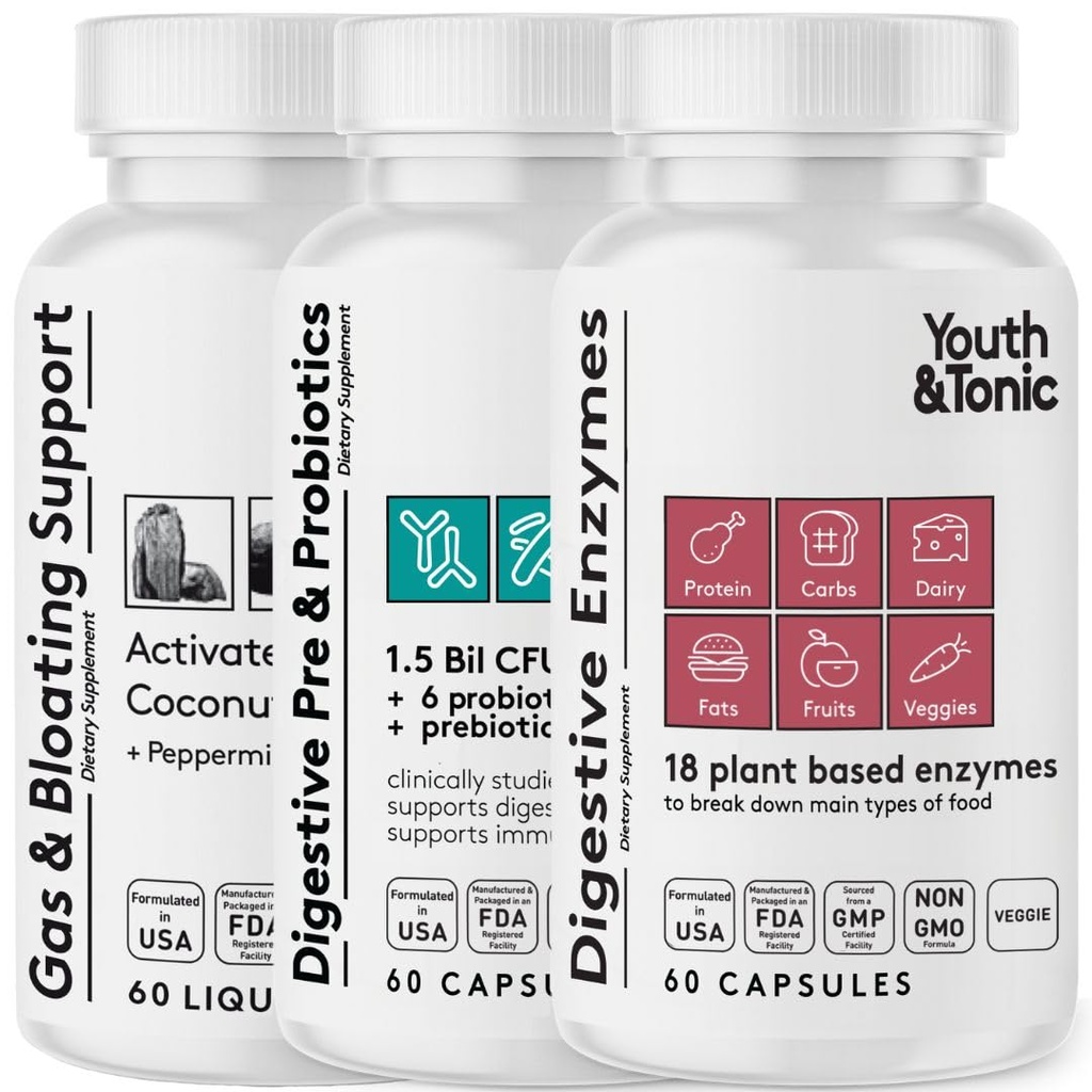 Supporto & Detox per Regolarità, Gas & Bloating & Gut Health. Tutti i tipi di enzimi digestivi Probiotici & Prebiotici Carbonio Menta piperita & Olio di cocco biologico 180 pillole
