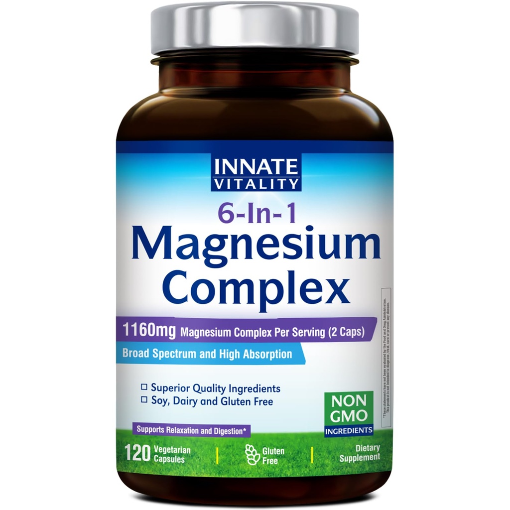 Innate Vitality Magnesium Complex 6-in-1, 1160mg Per Serving, Riposo e Digestione, Magnesio Glycinate & Citrate, Alta Assorbimento, 120 Vegan Capsule