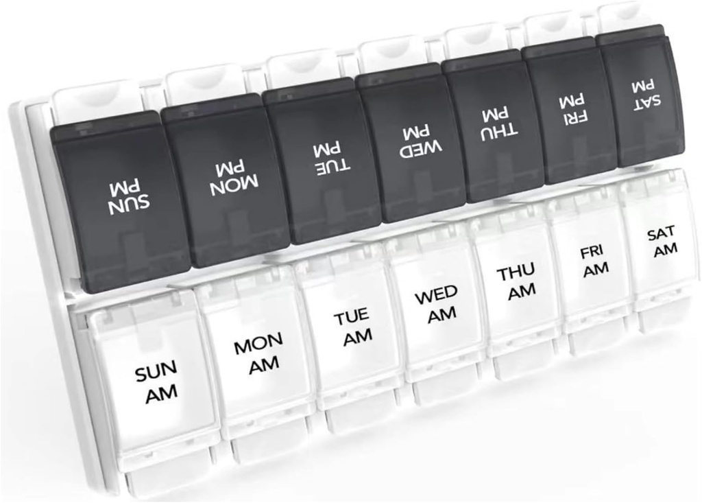 Sukuos AM PM Weekly 7 Day Pill Organizer, 2 volte A Day Pill Box con Arthritis Friendly Push Button, Medicine Cases for Vitamin/Fish Oil/Supplements, Easy to Clean (Black&White)