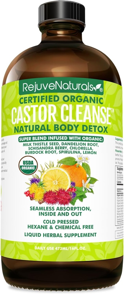 RejuveNaturals Castor CleanseTM - USDA Organic Castor Oil, Chlorella, Spirulina, Roots & Greens for Wellness, Digestive Support, Daily Balance.