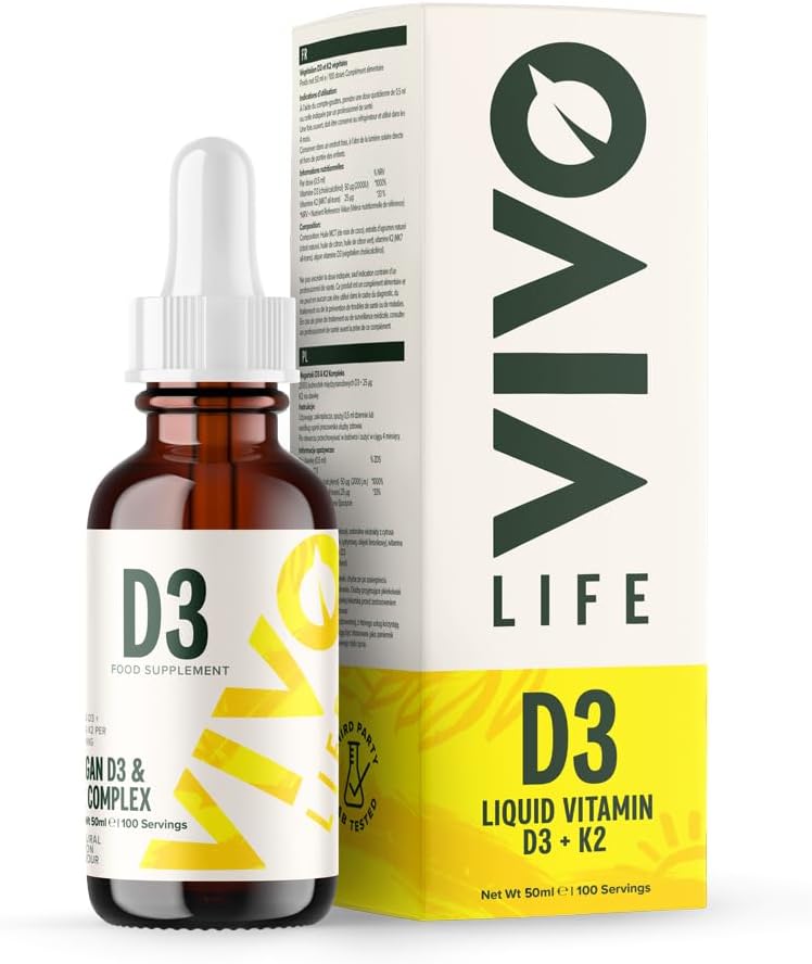 Vivo Vita - Vitamina D3 K2, 50ml Gocce Complesso Liquido, 2000iu di D3, Vegan Salute Supplemento per Uomini e Donne, 100 Serve