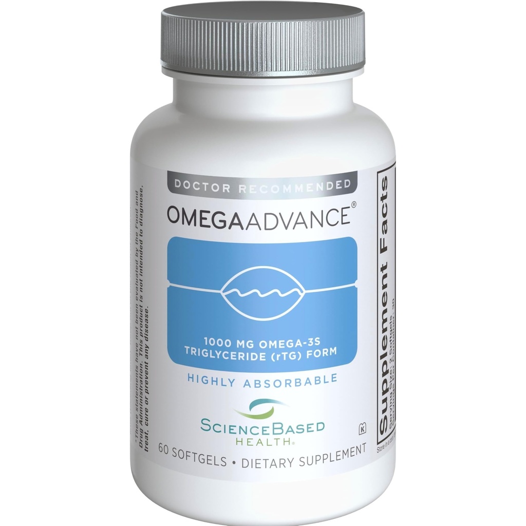 OmegaAdvance Omega-3 Fish Oil – Forma Trigliceride con 1000 mg EPA & DHA – Plus Lutein & Zeaxanthin – Supporta il cuore, la salute del cervello e la salute degli occhi – Limone rivestito – 60 Softgels