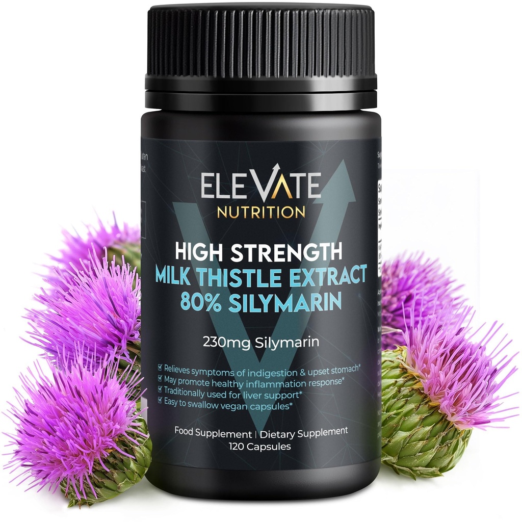 ELEVATE NUTRITION Milk Thistle - 288 mg, 80% Silymarin Extract - 120 Vegan Capsules - Integratore alimentare - Aiuta a mantenere la funzione epatica & Digestive Comfort
