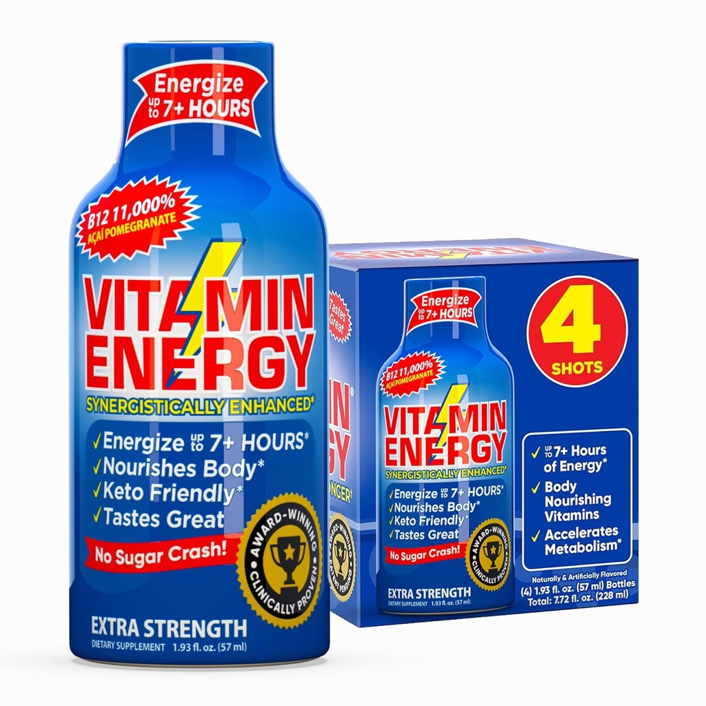 Vitamina Energy B12 11.000% Extra Strength Energy Shot Açaí Pomegranate 4 Pack, 260mg Natural Caffeine, B12 & B6, Nootropic Focus, Vitality, Zero Sugar, Gluten-Free, Vegan, Kosher, 1.93 fl oz