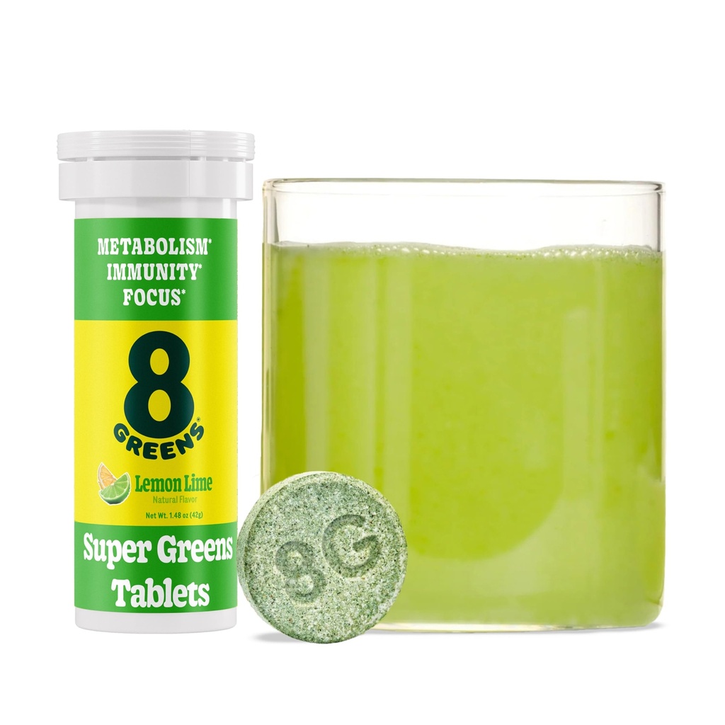 8Greens Supergreens Tablet | Super Greens Powder Superfood Tablet, Metabolismo Immunity & Focus, Daily Greens Effervescent Tablets, Organic: Aloe Vera, Spirulina, Chlorella, Lime di limone, 10 Servings