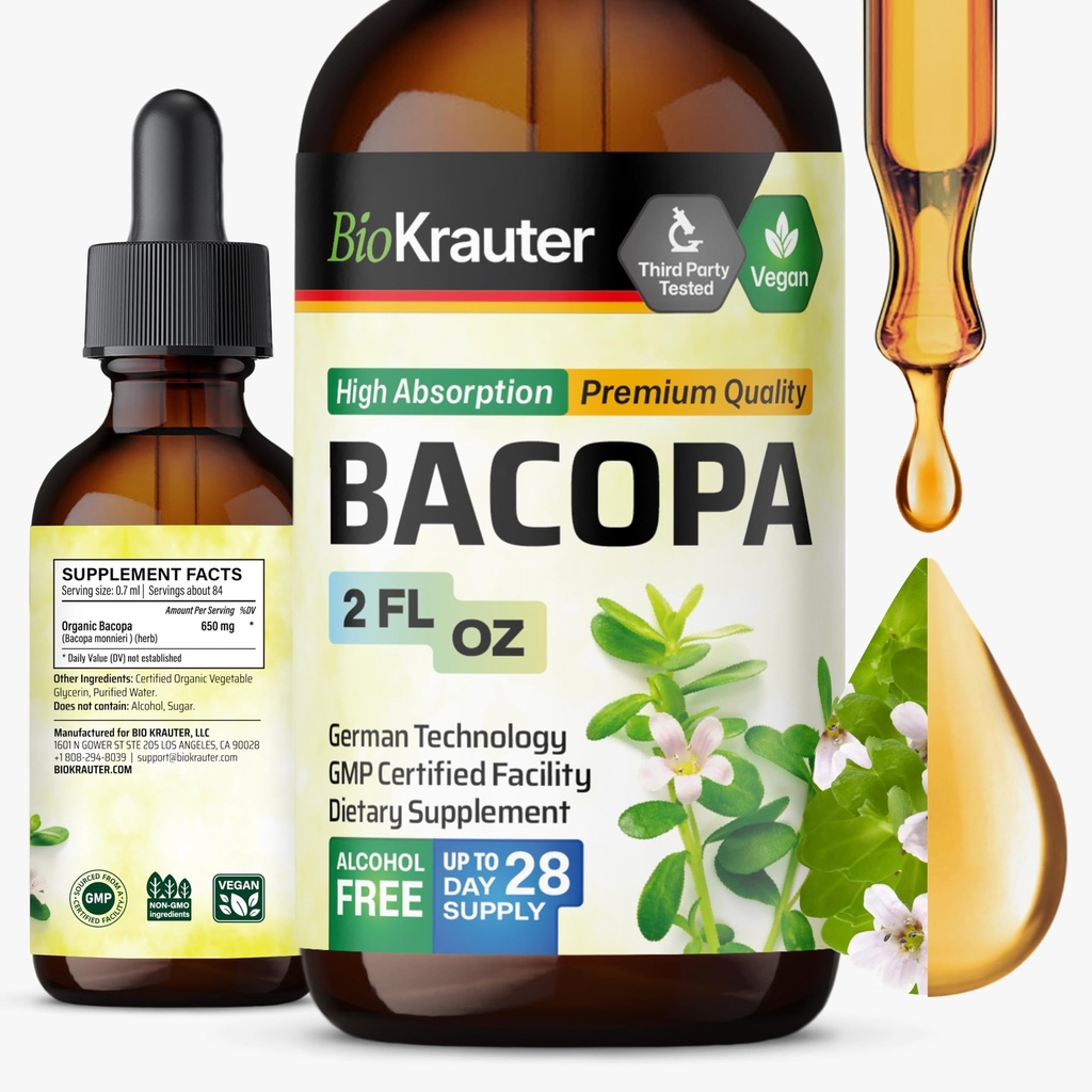 BIO KRAUTER Bacopa Monnieri Gocce - Brahmi Support Integratori - Liquid Bacopa Integratori - Alcol & Sugar Free - Vegan 2 Fl.Oz.