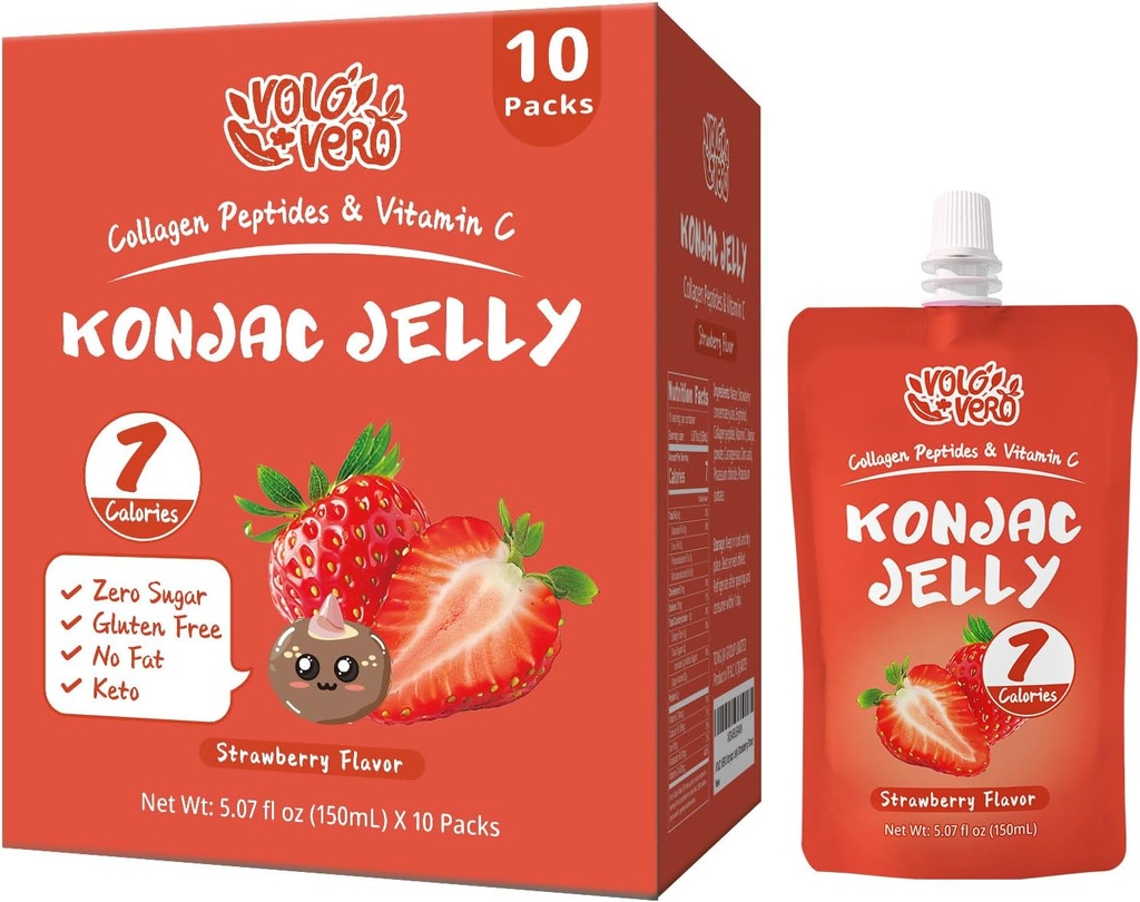 Konjac Jelly Pouch aroma di fragola potabile, 7 calorie, senza glutine, zucchero zero, Keto, peptidi di collagene e vitamina C, snack di frutta sani bassi, regali di vacanza, 10 pacchetti