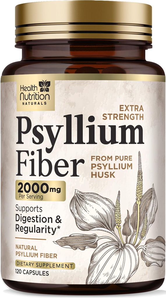 Psyllium Husk Capsule 1500 mg - Pillole Natural Fiber Supplement, Digestione quotidiana, Salute del colon, & Supporto di regolarità, Tappi di polvere Psyllium Husks basati sulle piante, Vegan, Non OGM - 120 capsule vegetali