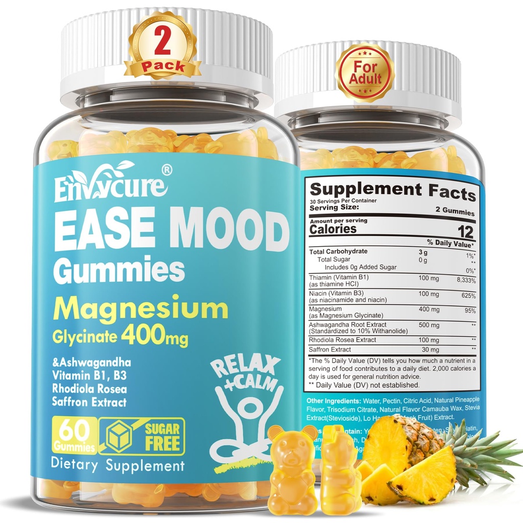 Zucchero Gratuito Magnesio Glycinate Gummies 400mg con Ashwagandha, B1, B3, Rhodiola Rosea & Saffron per il riposo di supporto, Mood & Calm Magnesium Gummies per adulti, Chewable Magnesium Supplement, Vegan, 120Ct