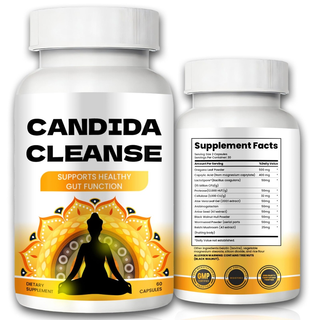 Candida Cleanse - Gut & Colon Support, Formula Avanzata - Oregano Leaf, Wormwood, Noce Nera, Acido Caprylic