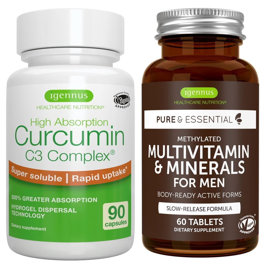 Multivitamina e minerali per gli uomini + alto assorbimento Curcuminoidi C3 Complex, Vegan Bundle, rilascio prolungato Multivitamina + 300% più grande assorbimento curcuminoidi con rapido assorbimento, di Igennus