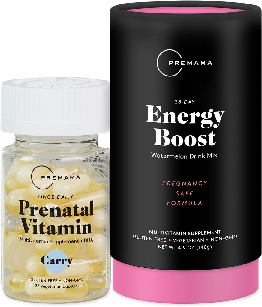 Premamama Prenatal Vitamin Energy Boost Drink Mix & Prenatal Support Bundle, Omega 3, B Vitamine, DHA, Folate, 28 Serve