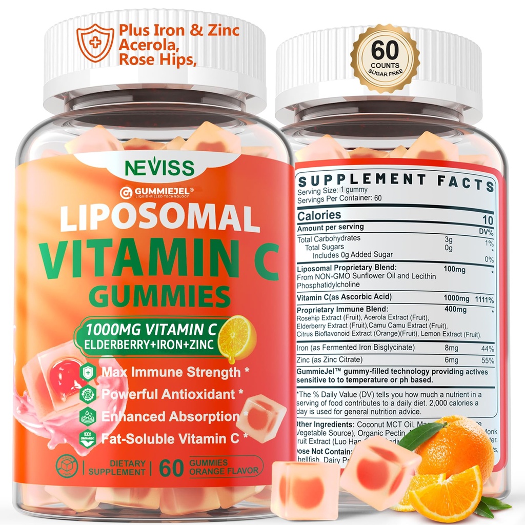 Vitamina C 1000mg Gummies per Adulti - Vitamina C Chewable con Elderberry, Zinc & 8mg Iron, Zucchero Vit C Integratori, Supporto Immune Giornaliero Gummies per Energia, Collage Booster 60 Conti