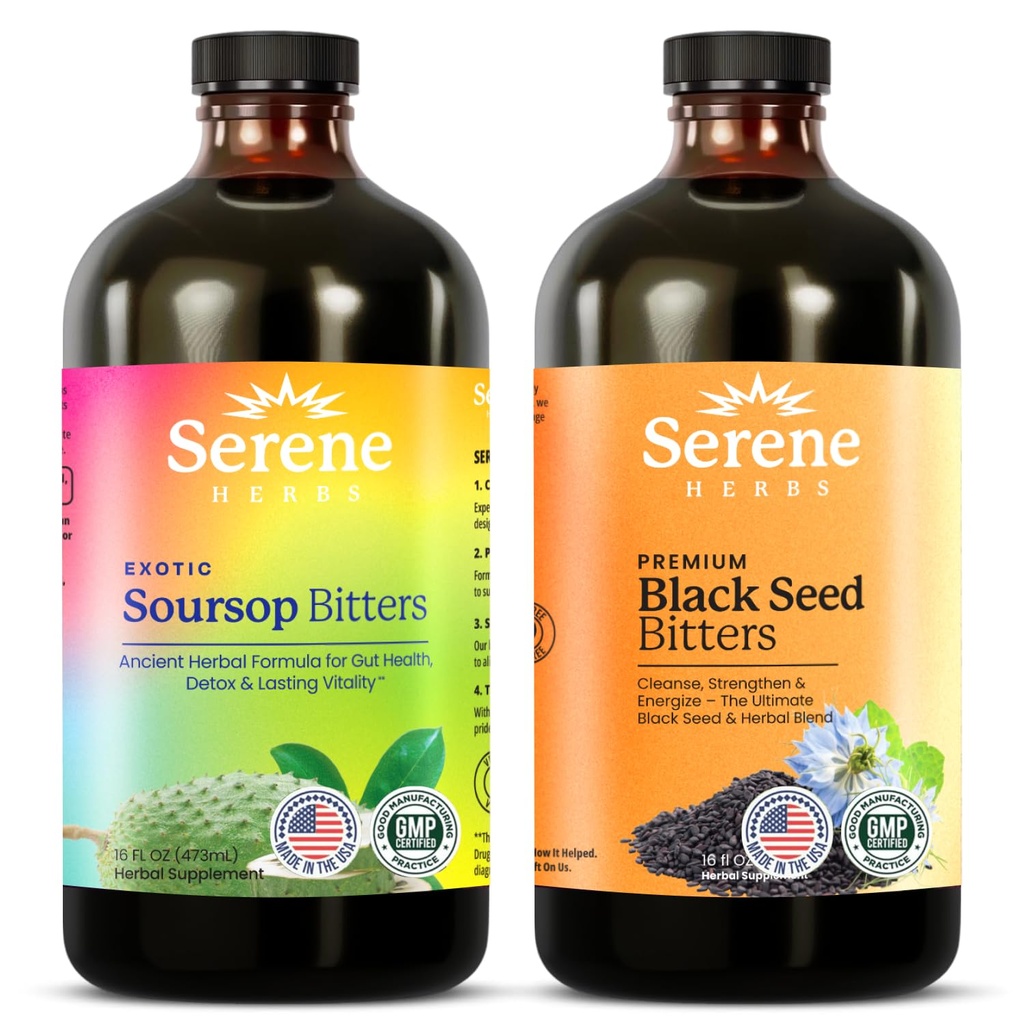 Serene Herbs Soursop Bitters Liquid & Black Seed Bundle – Organic Herbal Guanabana for Digestive Support & Immune Health – Vegan, Non-GMO – 32 oz (16 oz Ciascun), 32 Serve