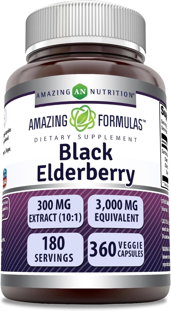 Stupefacente Formulas Sambucus Black Elderberry | 300 Mg Extract 10:1 (3000 Mg Equivalent) | Capsule Veggie | Non OGM | Gluten-Free | Made in USA (1 Pack, 360 Count)